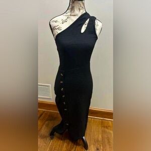 Women’s One Shoulder black dress with buttons down the side